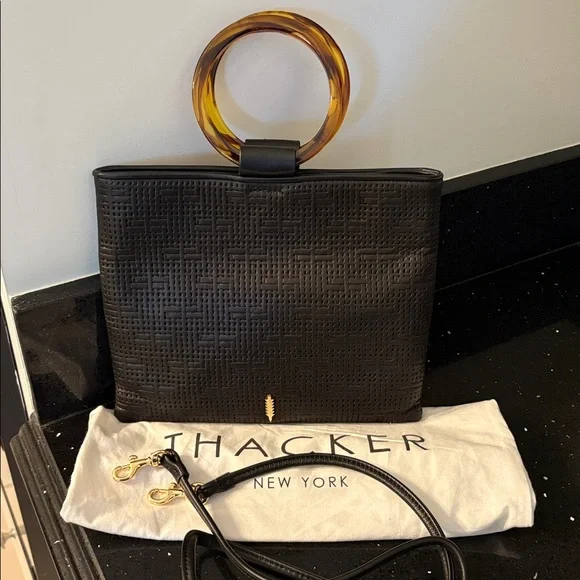 *Thacker Mini Le Bucket Tortoiseshell Ring Double Handle Black Leather Crossbody - Picture 2 of 10